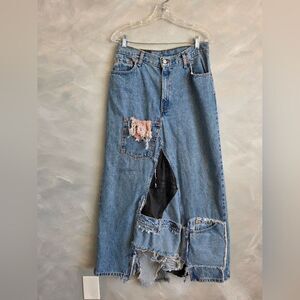 Long Denim Patchwork Skirt Upcycled Vintage Levi's 550 Jeans Skirt Sz 12